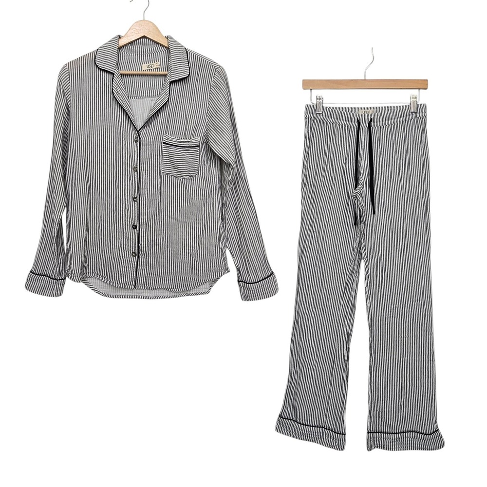 UGG Womens XS Cotton Gauze Striped Pajama Set Long Sleeve Button Up White Gray